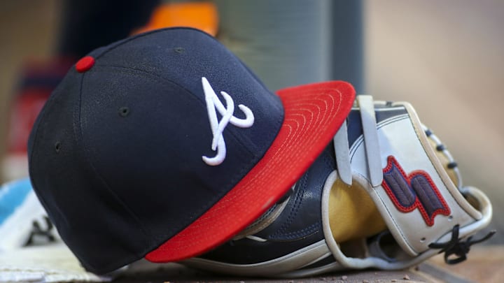 May 31, 2019; Atlanta, GA, USA; Detailed view of hat and glove of Atlanta Braves center fielder