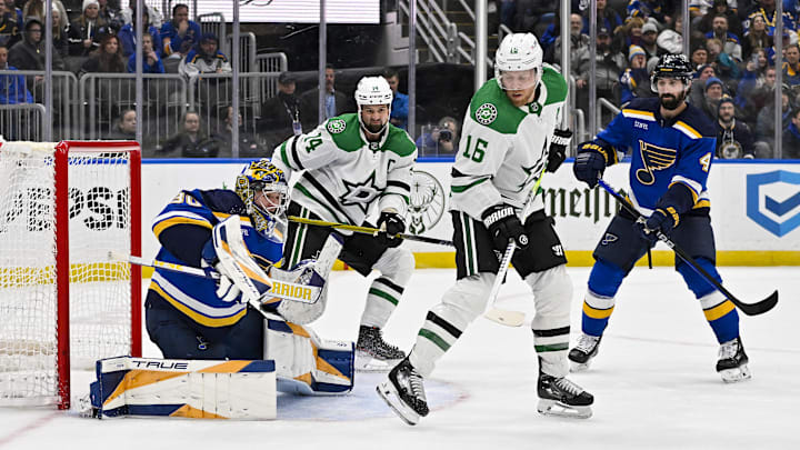 Dec 27, 2023; St. Louis, Missouri, USA;  St. Louis Blues goaltender Joel Hofer (30) defends the net