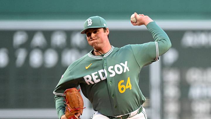 May 1, 2026; Boston, Massachusetts, USA; Boston Red Sox pitcher Jake Bennett (64) pitches against the Houston Astros during the first inning at Fenway Park. Mandatory Credit: Brian Fluharty-Imagn Images