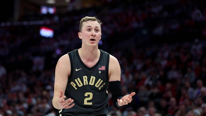 Mar 1, 2026; Columbus, Ohio, USA; Purdue Boilermakers guard Fletcher Loyer (2) reacts to a call during the second half against the Ohio State Buckeyes at Value City Arena. 