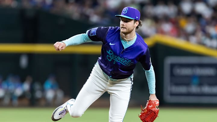 Jun 13, 2025; Phoenix, Arizona, USA; Arizona Diamondbacks pitcher Ryne Nelson against the San Diego Padres at Chase Field. Mandatory Credit: Mark J. Rebilas-Imagn Images