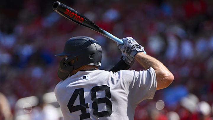 Aug 17, 2025; St. Louis, Missouri, USA;  New York Yankees first baseman Paul Goldschmidt (48) bats against the St. Louis Cardinals during the sixth inning at Busch Stadium. Mandatory Credit: Jeff Curry-Imagn Images