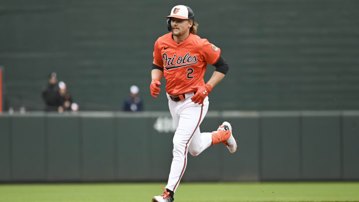 Mar 30, 2024; Baltimore, Maryland, USA; Baltimore Orioles shortstop Gunnar Henderson (2) ruins to third base after hitting a first inning home run against the Los Angeles Angels at Oriole Park at Camden Yards. Mandatory Credit: Tommy Gilligan-USA TODAY Sports