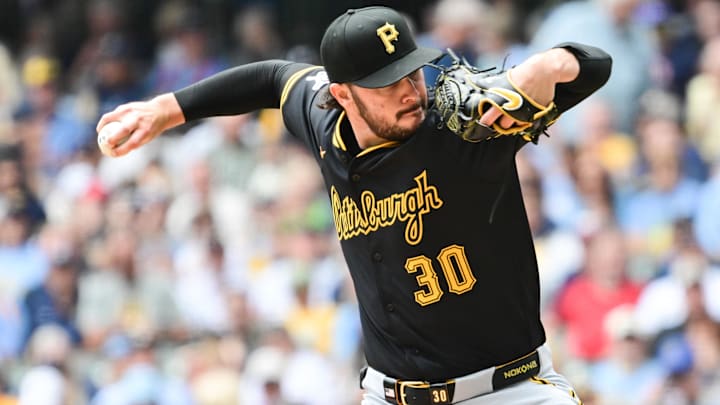 Jun 25, 2025; Milwaukee, Wisconsin, USA;  Pittsburgh Pirates starting pitcher Paul Skenes (30) throws a pitch in the first inning against the Milwaukee Brewers at American Family Field. Mandatory Credit: Benny Sieu-Imagn Images