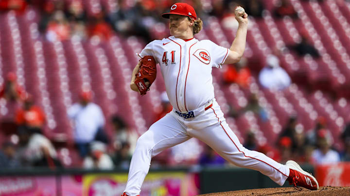 Apr 30, 2026; Cincinnati, Ohio, USA; Cincinnati Reds starting pitcher Andrew Abbott (41) pitches against the Colorado Rockies in the first inning at Great American Ball Park. Mandatory Credit: Katie Stratman-Imagn Images