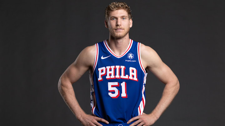 Sep 30, 2024; Camden, NJ, USA; Philadelphia 76ers Max Fiedler poses for a photo on media day at the Philadelphia 76ers Training Complex. Mandatory Credit: Bill Streicher-Imagn Images