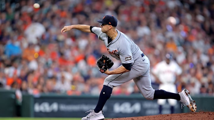 Jun 15, 2024; Houston, Texas, USA; Detroit Tigers pitcher Jack Flaherty (9) delivers a pitch against the Houston Astros during the first inning at Minute Maid Park. Mandatory Credit: Erik Williams-USA TODAY Sports