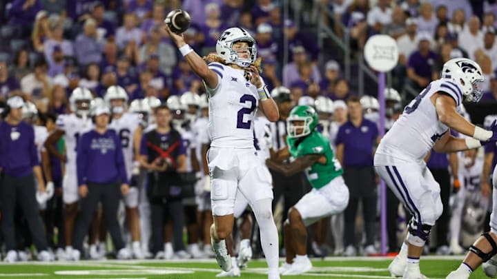 Aug 30, 2025; Manhattan, Kansas, USA; Kansas State Wildcats quarterback Avery Johnson (2) passes the ball during the fourth quarter against the North Dakota Fighting Hawks at Bill Snyder Family Football Stadium. Mandatory Credit: Scott Sewell-Imagn Images