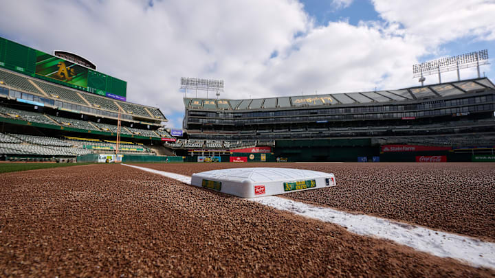 Sep 24, 2023; Oakland, California, USA; A general view of third base at Oakland-Alameda County Coliseum before the game between the Detroit Tigers and the Oakland Athletics. Mandatory Credit: Robert Edwards-Imagn Images