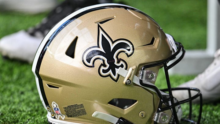 Nov 12, 2023; Minneapolis, Minnesota, USA; A New Orleans Saints helmet during the game between the Minnesota Vikings and the New Orleans Saints at U.S. Bank Stadium. Mandatory Credit: Jeffrey Becker-Imagn Images