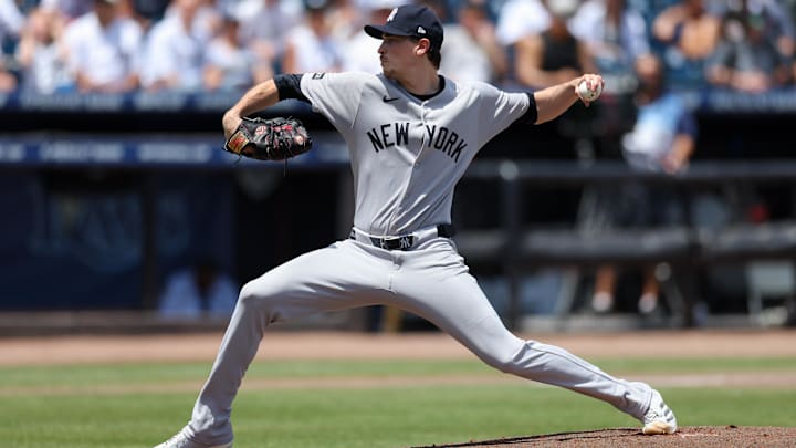 Apr 20, 2025; Tampa, Florida, USA; New York Yankees starting pitcher Max Fried (54) throws a pitch against the Tampa Bay Rays in the first inning at George M. Steinbrenner Field. Apr 20, 2025; Tampa, Florida, USA; New York Yankees starting pitcher Max Fried (54) throws a pitch against the Tampa Bay Rays in the first inning at George M. Steinbrenner Field.