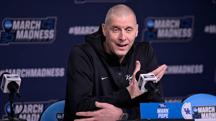 Mar 19, 2026; St. Louis, MO, USA; Kentucky Wildcats head coach Mark Pope speaks during an interview at the practice session ahead of the first round of the men's 2026 NCAA Tournament at Enterprise Center. Mandatory Credit: Jeff Le-Imagn Images Mar 19, 2026; St. Louis, MO, USA; Kentucky Wildcats head coach Mark Pope speaks during an interview at the practice session ahead of the first round of the men's 2026 NCAA Tournament at Enterprise Center. Mandatory Credit: Jeff Le-Imagn Images