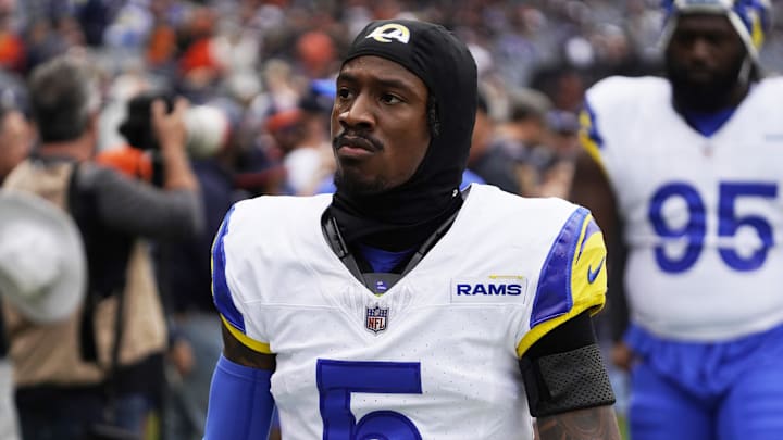 Sep 29, 2024; Chicago, Illinois, USA; Los Angeles Rams wide receiver Tutu Atwell (5) in a game against the Chicago Bears at Soldier Field. Mandatory Credit: David Banks-Imagn Images
