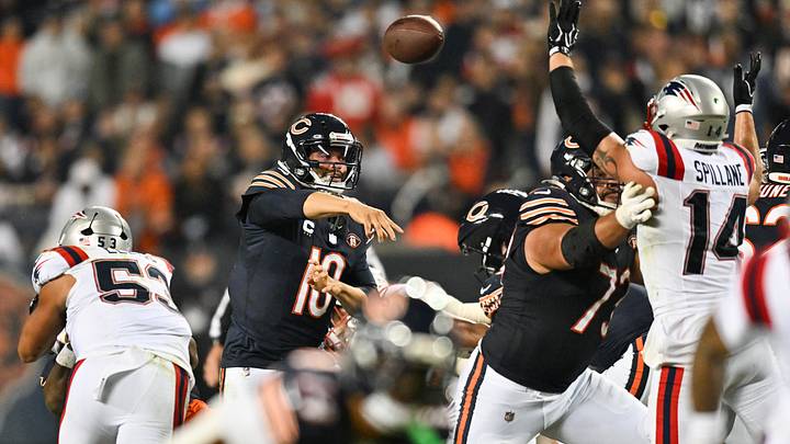 Caleb Williams gets off a throw against New England in the Bears' 30-24 Week 7 victory at Soldier Field.