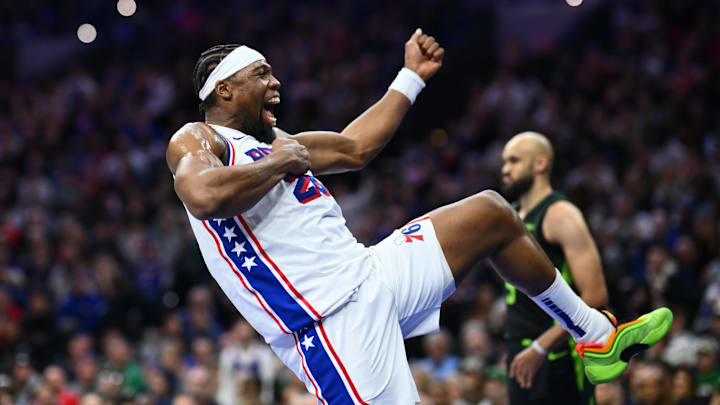 Feb 2, 2025; Philadelphia, Pennsylvania, USA; Philadelphia 76ers forward Guerschon Yabusele (28) reacts against the Boston Celtics in the third quarter at Wells Fargo Center. Mandatory Credit: Kyle Ross-Imagn Images