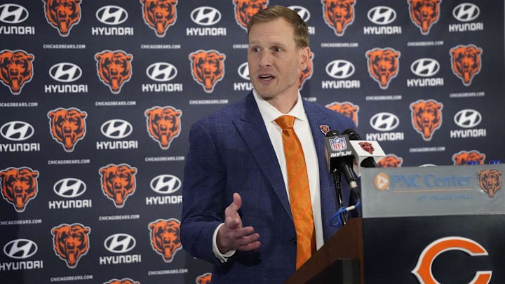 Jan 22, 2025; Lake Forest, IL, USA; Chicago Bears head coach Ben Johnson answers questions during a introductory press conference at PNC Center. Mandatory Credit: David Banks-Imagn Images