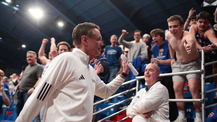 Kansas Jayhawks head coach Bill Self walks off the court after defeating Arizona Wildcats 82-78 in the game inside Allen Fieldhouse on Feb. 9, 2026.