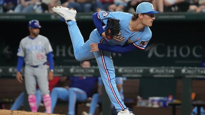 May 10, 2026; Arlington, Texas, USA; Texas Rangers pitcher Jacob Latz (67) follows through on a pitch against the Chicago Cubs during the eighth inning at Globe Life Field. Mandatory Credit: Raymond Carlin III-Imagn Images May 10, 2026; Arlington, Texas, USA; Texas Rangers pitcher Jacob Latz (67) follows through on a pitch against the Chicago Cubs during the eighth inning at Globe Life Field. Mandatory Credit: Raymond Carlin III-Imagn Images