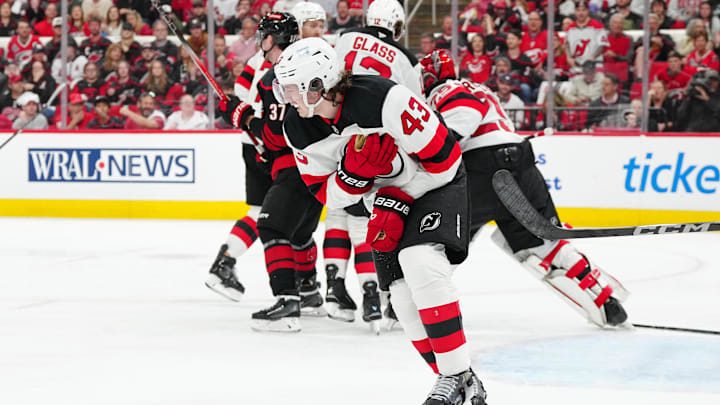 Apr 20, 2025; Raleigh, North Carolina, USA; New Jersey Devils defenseman Luke Hughes (43). Mandatory Credit: James Guillory-Imagn Images
