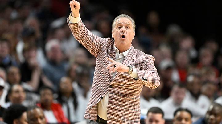 Mar 21, 2026; Portland, OR, USA; Arkansas Razorbacks head coach John Calipari in the first half against the High Point Panthers during a second round game of the men's 2026 NCAA Tournament at Moda Center.