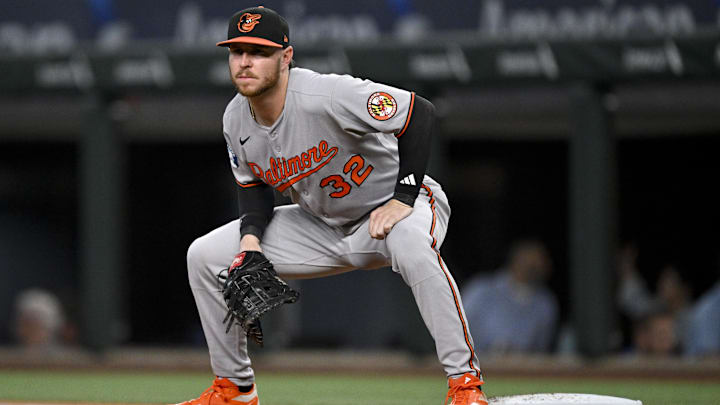 Jul 2, 2025; Arlington, Texas, USA; Baltimore Orioles first baseman Ryan O'Hearn (32) in action during the game between the Texas Rangers and the Baltimore Orioles at Globe Life Field. Mandatory Credit: Jerome Miron-Imagn Images Jul 2, 2025; Arlington, Texas, USA; Baltimore Orioles first baseman Ryan O'Hearn (32) in action during the game between the Texas Rangers and the Baltimore Orioles at Globe Life Field. Mandatory Credit: Jerome Miron-Imagn Images