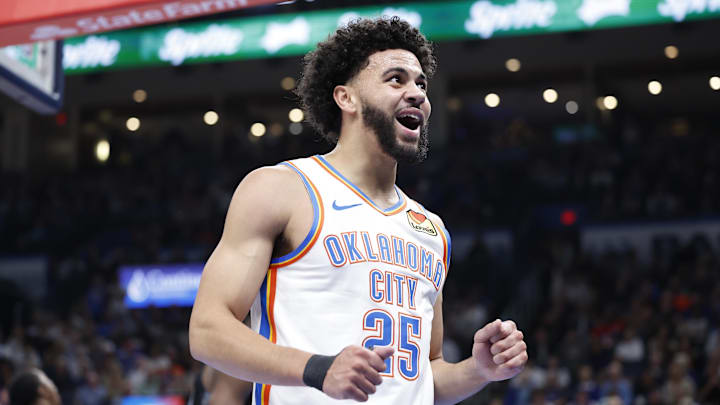 Oct 30, 2024; Oklahoma City, Oklahoma, USA; Oklahoma City Thunder guard Ajay Mitchell (25) reacts after a play against the San Antonio Spurs during the second quarter at Paycom Center. Mandatory Credit: Alonzo Adams-Imagn Images