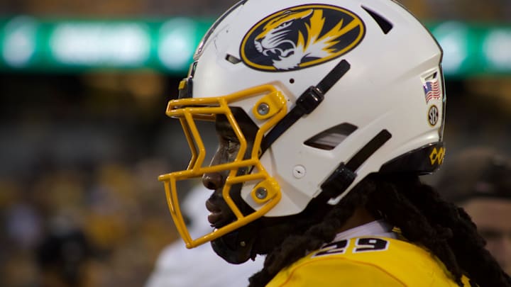 Oct 12, 2024; Columbia, Missouri USA; Missouri Tigers linebacker Khalil Jacobs (29) looks onto the field during a game against Vanderbilt at Faurot Field at Memorial Stadium.