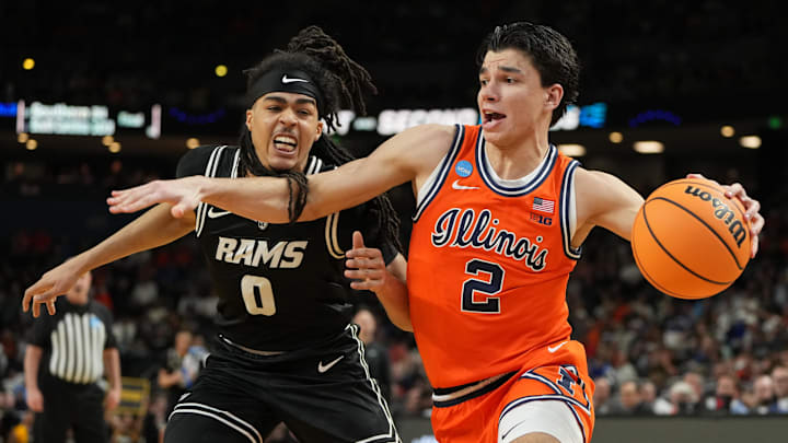 Mar 21, 2026; Greenville, SC, USA; Illinois Fighting Illini guard Andrej Stojakovic (2) dribbles as VCU Rams guard Brandon Jennings (0) defends in the first half during a second round game of the men's 2026 NCAA Tournament at Bon Secours Wellness Arena. Mandatory Credit: Bob Donnan-Imagn Images Mar 21, 2026; Greenville, SC, USA; Illinois Fighting Illini guard Andrej Stojakovic (2) dribbles as VCU Rams guard Brandon Jennings (0) defends in the first half during a second round game of the men's 2026 NCAA Tournament at Bon Secours Wellness Arena. Mandatory Credit: Bob Donnan-Imagn Images
