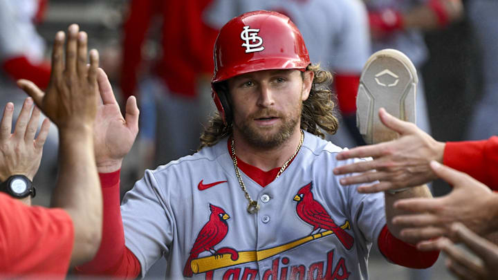 Jun 17, 2025; Chicago, Illinois, USA; St. Louis Cardinals second baseman Brendan Donovan (33) celebrates in the dugout after he scores during the second inning against the Chicago White Sox at Rate Field. Mandatory Credit: Matt Marton-Imagn Images Jun 17, 2025; Chicago, Illinois, USA; St. Louis Cardinals second baseman Brendan Donovan (33) celebrates in the dugout after he scores during the second inning against the Chicago White Sox at Rate Field. Mandatory Credit: Matt Marton-Imagn Images