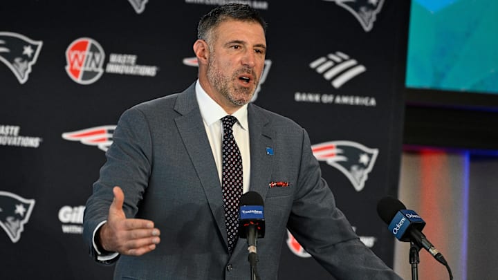 Jan 13, 2025; Foxborough, MA, USA; Mike Vrabel addresses media at a press conference to announce his hiring as the head coach of the New England Patriots at Gillette Stadium. Mandatory Credit: Eric Canha-Imagn Images