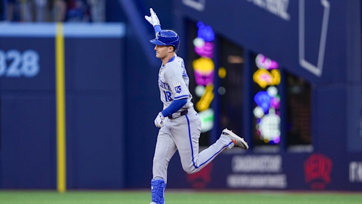 Aug 1, 2025; Toronto, Ontario, CAN; Kansas City Royals right fielder Mike Yastrzemski (18) points up to the sky after hitting a home run against the Toronto Blue Jays during the second inning at Rogers Centre. Mandatory Credit: Kevin Sousa-Imagn Images Aug 1, 2025; Toronto, Ontario, CAN; Kansas City Royals right fielder Mike Yastrzemski (18) points up to the sky after hitting a home run against the Toronto Blue Jays during the second inning at Rogers Centre. Mandatory Credit: Kevin Sousa-Imagn Images