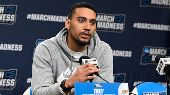 Purdue Boilermakers forward Trey Kaufman-Renn (4) takes questions from the media Purdue Boilermakers forward Trey Kaufman-Renn (4) takes questions from the media