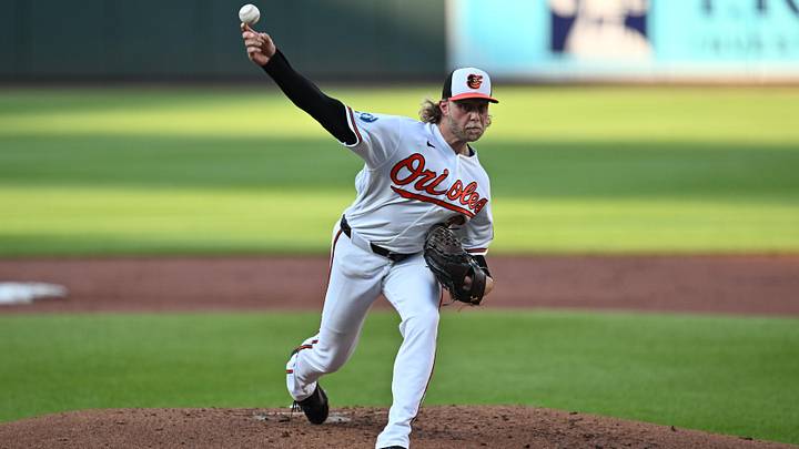 Jun 29, 2026; Baltimore, Maryland, USA;  Baltimore Orioles pitcher Shane Baz (34) pitches in the second inning against the Chicago White Sox at Oriole Park at Camden Yards. Mandatory Credit: Jamie Sabau-Imagn Images