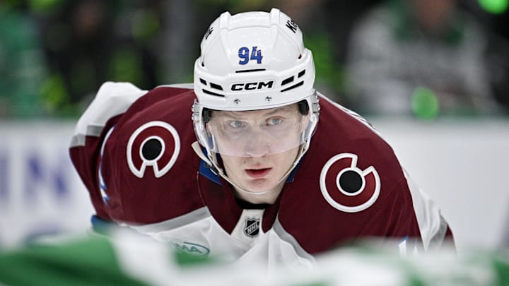 Apr 21, 2025; Dallas, Texas, USA; Colorado Avalanche left wing Joel Kiviranta (94) in action during the game between the Dallas Stars and the Colorado Avalanche in game two of the first round of the 2025 Stanley Cup Playoffs at American Airlines Center.