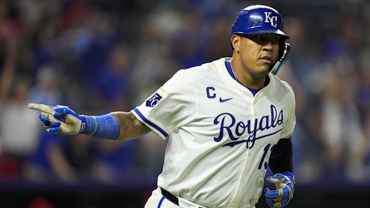 Sep 4, 2025; Kansas City, Missouri, USA; Kansas City Royals catcher Salvador Perez (13) gestures to the dugout after hitting a home run during the seventh inning against the Los Angeles Angels at Kauffman Stadium. Mandatory Credit: Jay Biggerstaff-Imagn Images