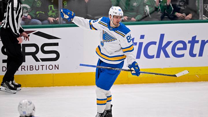 Feb 4, 2026; Dallas, Texas, USA; St. Louis Blues left wing Pavel Buchnevich (89) celebrates after he scores a goal against the Dallas Stars during the first period at the American Airlines Center. Mandatory Credit: Jerome Miron-Imagn Images