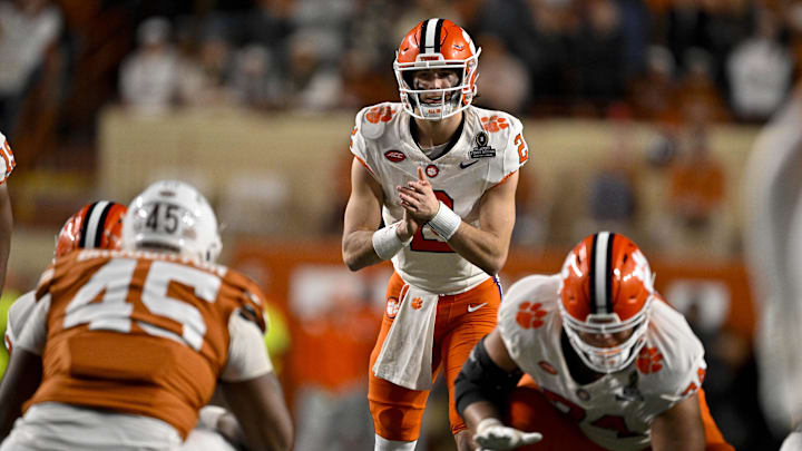 Dec 21, 2024; Austin, Texas, USA; Clemson Tigers quarterback Cade Klubnik (2) in action during the game between the Texas Longhorns and the Clemson Tigers in the CFP National Playoff First Round at Darrell K Royal-Texas Memorial Stadium. Mandatory Credit: Jerome Miron-Imagn Images