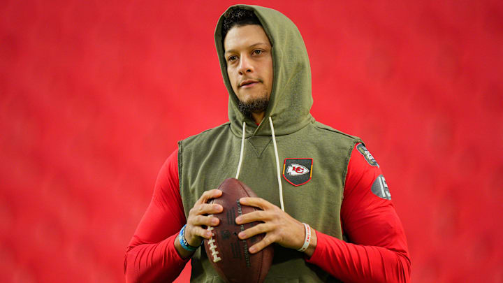 Oct 27, 2025; Kansas City, Missouri, USA; Kansas City Chiefs quarterback Patrick Mahomes (15) looks on during warmups prior to the game against the Washington Commanders at GEHA Field at Arrowhead Stadium. Mandatory Credit: Jay Biggerstaff-Imagn Images