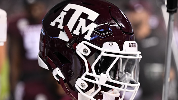 A detailed view of a Texas A&M Aggies helmet on the sideline during the game against the New Mexico Lobos A detailed view of a Texas A&M Aggies helmet on the sideline during the game against the New Mexico Lobos