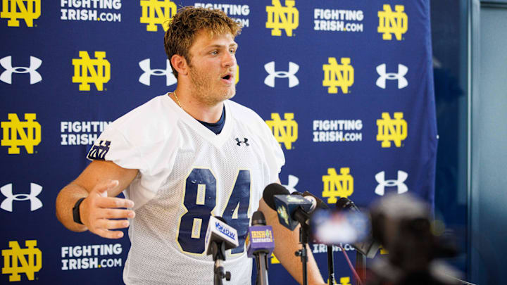 Notre Dame tight end Kevin Bauman addresses media after a Notre Dame football practice at Irish Athletic Center on Thursday, Aug. 1, 2024, in South Bend.