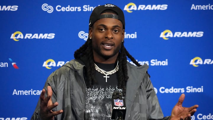 Oct 19, 2025; London, United Kingdom; Los Angeles Rams wide receiver Davante Adams at a press conference after a NFL International Series game against the Jacksonville Jaguars at Wembley Stadium. Mandatory Credit: Kirby Lee-Imagn Images Oct 19, 2025; London, United Kingdom; Los Angeles Rams wide receiver Davante Adams at a press conference after a NFL International Series game against the Jacksonville Jaguars at Wembley Stadium. Mandatory Credit: Kirby Lee-Imagn Images
