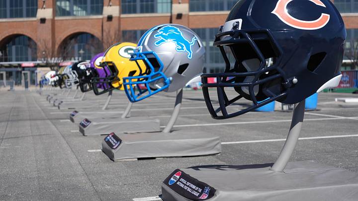 Feb 28, 2025; Indianapolis, IN, USA; Chicago Bears and Detroit Lions helmets at the 2025 NFL Scouting Combine Experience at Lucas Oil Stadium. Mandatory Credit: Kirby Lee-Imagn Images Feb 28, 2025; Indianapolis, IN, USA; Chicago Bears and Detroit Lions helmets at the 2025 NFL Scouting Combine Experience at Lucas Oil Stadium. Mandatory Credit: Kirby Lee-Imagn Images
