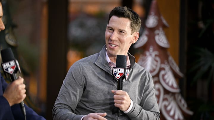 Dec 9, 2024; Dallas, TX, USA; Boston Red Sox chief baseball officer Craig Breslow speaks with the media 
at the Hilton Anatole during the 2024 MLB Winter Meetings. Mandatory Credit: Jerome Miron-Imagn Images