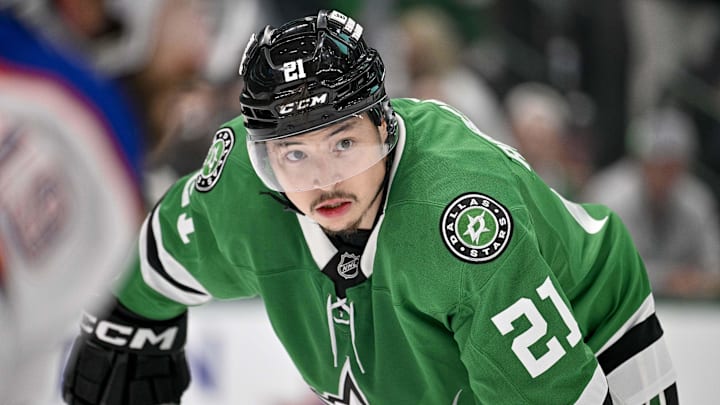 May 29, 2025; Dallas, Texas, USA; Dallas Stars left wing Jason Robertson (21) during the game between the Dallas Stars and the Edmonton Oilers in game five of the Western Conference Final of the 2025 Stanley Cup Playoffs at American Airlines Center. Mandatory Credit: Jerome Miron-Imagn Images