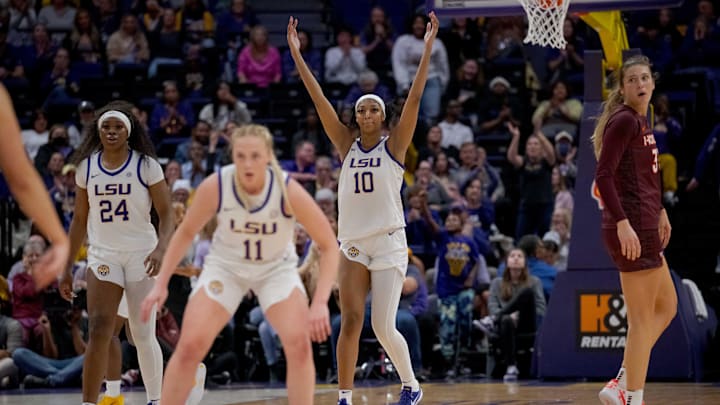 Nov 30, 2023; Baton Rouge, Louisiana, USA; LSU Lady Tigers forward Angel Reese (10) pumps up the