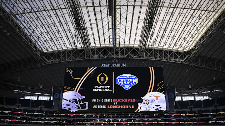 Jan 10, 2025; Arlington, TX, USA;  A view of the stadium and roof before the game between the Texas Longhorns and the Ohio State Buckeyes at AT&T Stadium. Mandatory Credit: Jerome Miron-Imagn Images