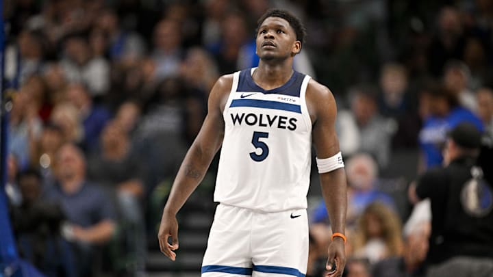 Mar 30, 2026; Dallas, Texas, USA; Minnesota Timberwolves guard Anthony Edwards (5) comes back on the court during the second quarter against the Dallas Mavericks at the American Airlines Center. Mandatory Credit: Jerome Miron-Imagn Images