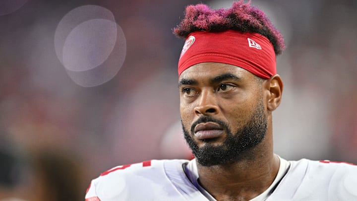 Oct 23, 2023; Minneapolis, Minnesota, USA; San Francisco 49ers wide receiver Jauan Jennings (15) looks on before the game against the Minnesota Vikings at U.S. Bank Stadium. Mandatory Credit: Jeffrey Becker-Imagn Images