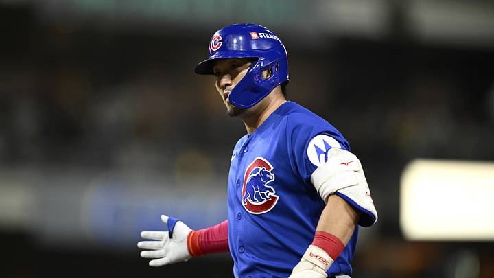 Sep 30, 2026; San Diego, California, USA;  Chicago Cubs outfielder Seiya Suzuki (27) reacts after a single in the fourth inning against the San Diego Padres during game two of the Wildcard round for the 2026 MLB Playoffs at Petco Park.  Mandatory Credit: Denis Poroy-Imagn Images