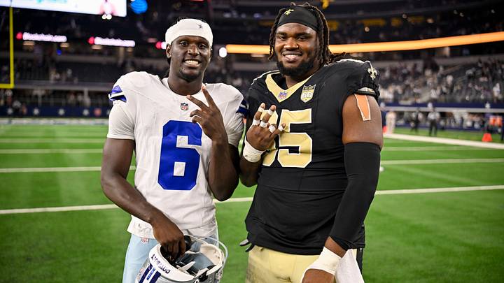 Dallas Cowboys wide receiver Camden Brown (6) and New Orleans Saints guard Jeremiah Wright (65) pose for a photo after the game between the Cowboys and the Saints at AT&T Stadium. Mandatory Credit: Jerome Miron-Imagn Images Dallas Cowboys wide receiver Camden Brown (6) and New Orleans Saints guard Jeremiah Wright (65) pose for a photo after the game between the Cowboys and the Saints at AT&T Stadium. Mandatory Credit: Jerome Miron-Imagn Images